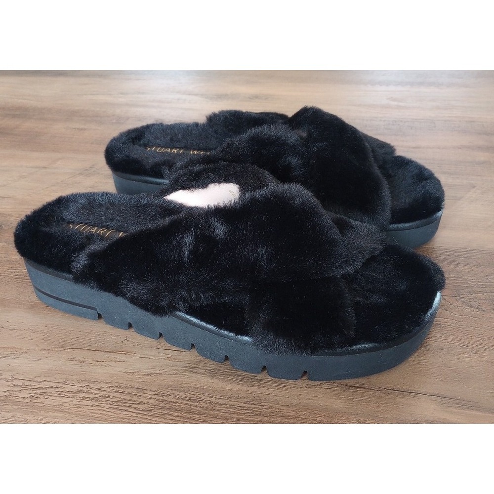 Stuart Weitzman Women's Roza Lift Faux Fur Slide Sandals Size:8.5 Black Wide Fit
